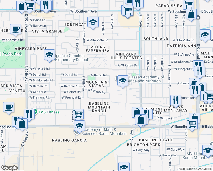 map of restaurants, bars, coffee shops, grocery stores, and more near 1207 West Maldonado Road in Phoenix