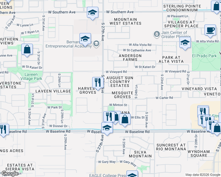 map of restaurants, bars, coffee shops, grocery stores, and more near 7031 South 27th Avenue in Phoenix