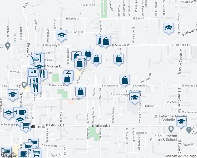 map of restaurants, bars, coffee shops, grocery stores, and more near 818 East Alvarado Street in Fallbrook
