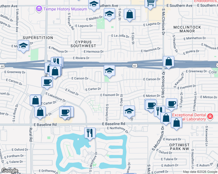 map of restaurants, bars, coffee shops, grocery stores, and more near 1321 East Carter Drive in Tempe