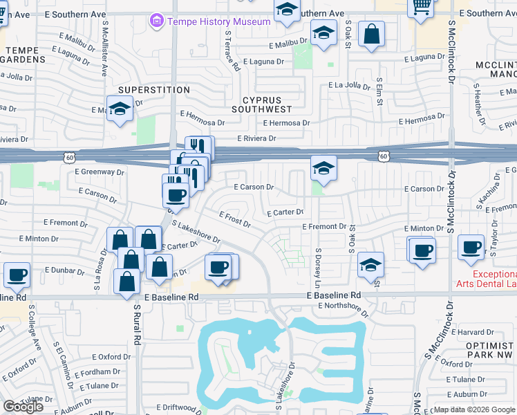 map of restaurants, bars, coffee shops, grocery stores, and more near 4536 South Terrace Road in Tempe