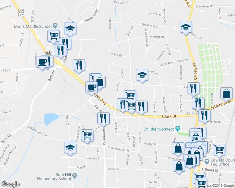 map of restaurants, bars, coffee shops, grocery stores, and more near 23 Forest Lane in Newnan