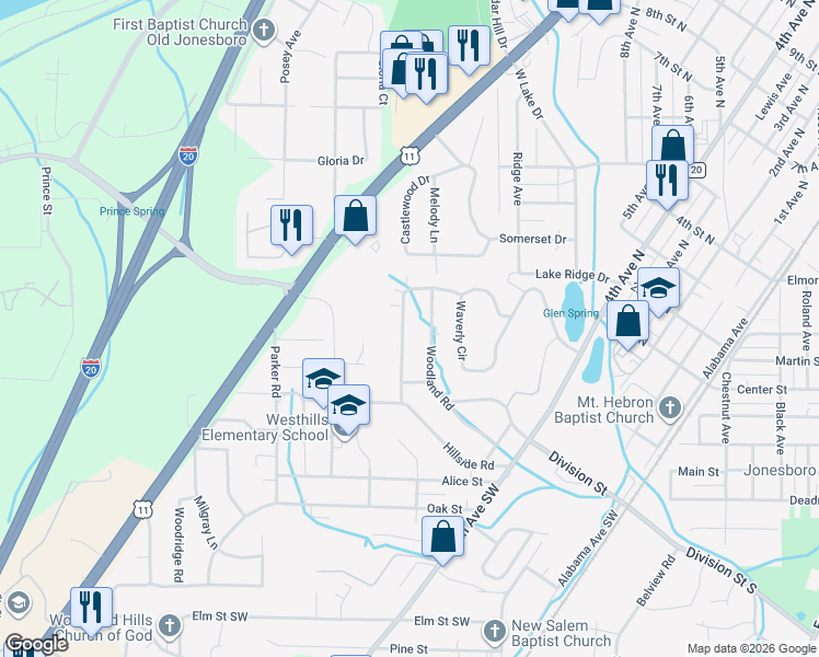 map of restaurants, bars, coffee shops, grocery stores, and more near 112 Woodland Road in Bessemer