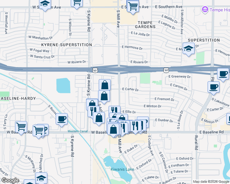map of restaurants, bars, coffee shops, grocery stores, and more near 4600 South Mill Avenue in Tempe