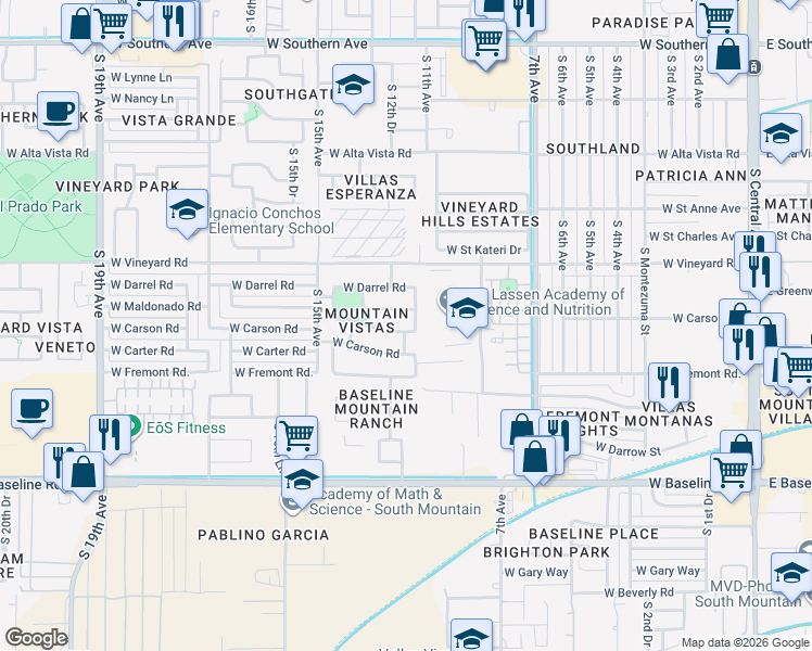 map of restaurants, bars, coffee shops, grocery stores, and more near 1207 West Maldonado Road in Phoenix