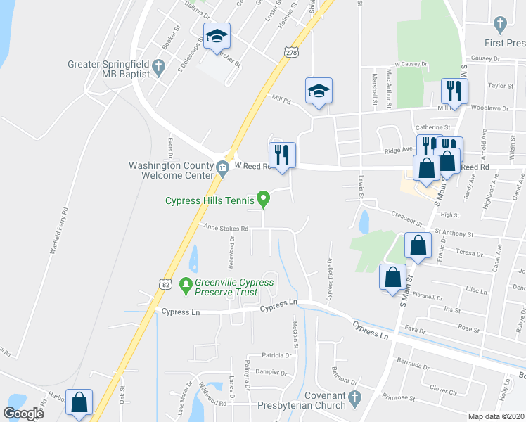 map of restaurants, bars, coffee shops, grocery stores, and more near 1475 Oakwood Drive in Greenville