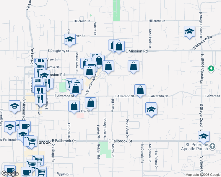 map of restaurants, bars, coffee shops, grocery stores, and more near 868 East Alvarado Street in Fallbrook