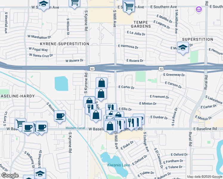 map of restaurants, bars, coffee shops, grocery stores, and more near 4600 South Mill Avenue in Tempe