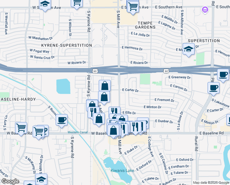 map of restaurants, bars, coffee shops, grocery stores, and more near 4600 South Mill Avenue in Tempe