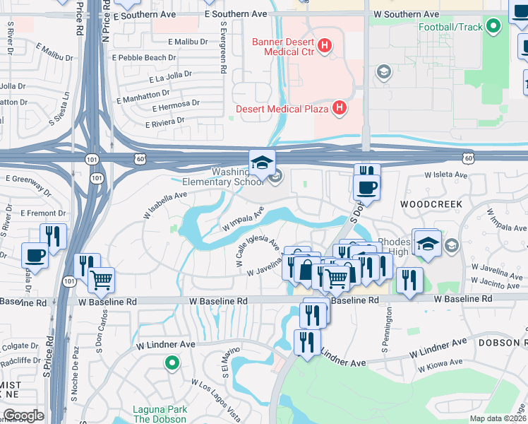 map of restaurants, bars, coffee shops, grocery stores, and more near 1806 South Paseo Loma Circle in Mesa