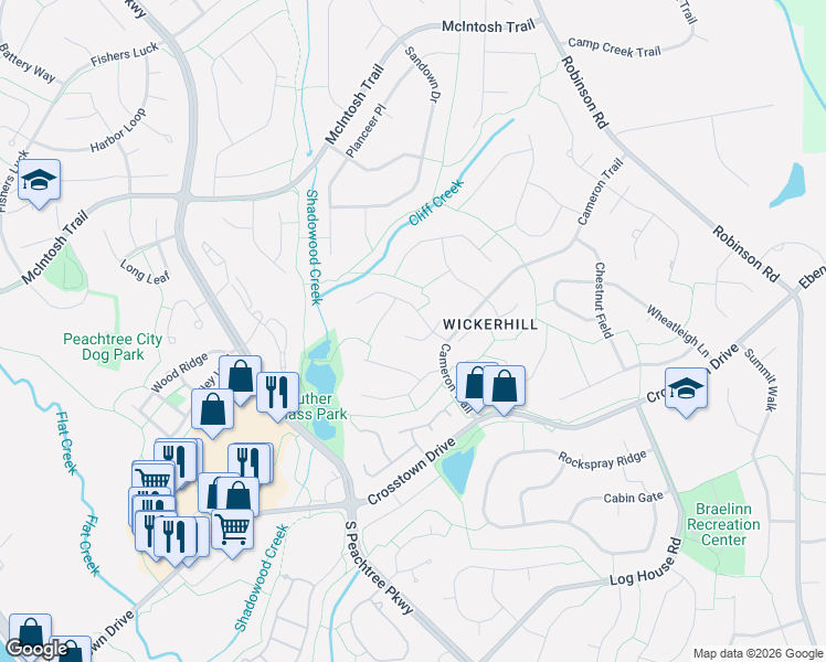 map of restaurants, bars, coffee shops, grocery stores, and more near 109 Dove Point in Peachtree City