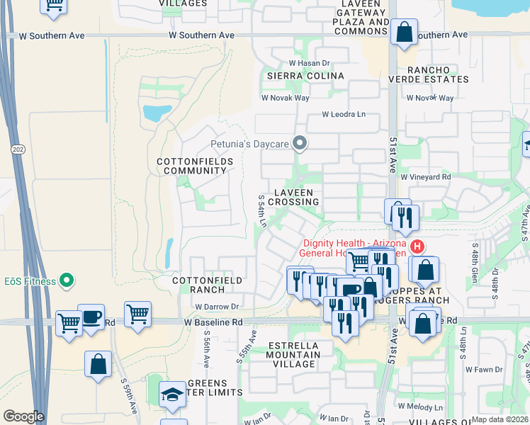 map of restaurants, bars, coffee shops, grocery stores, and more near 5445 West Maldonado Road in Phoenix