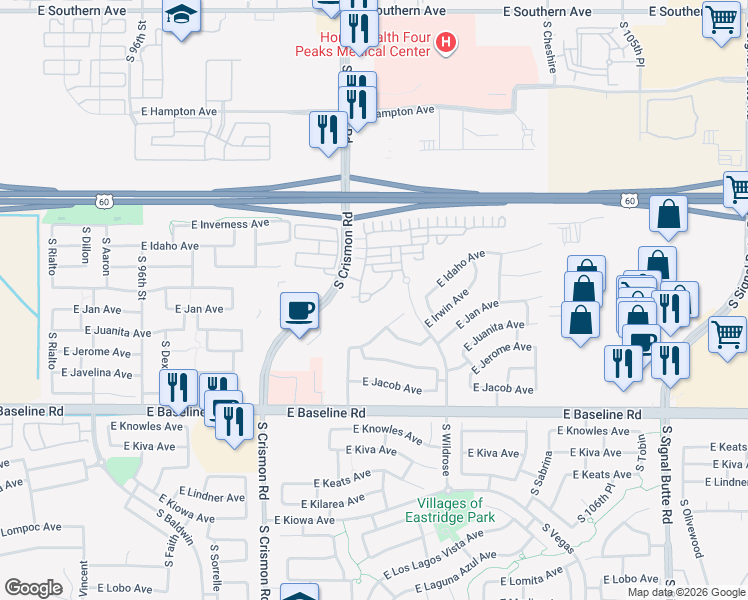 map of restaurants, bars, coffee shops, grocery stores, and more near 10238 East Juanita Circle in Mesa