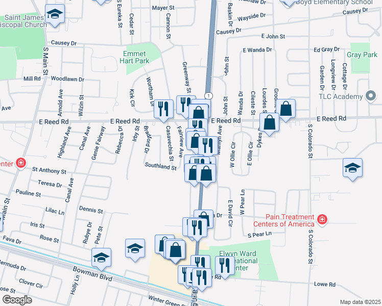 map of restaurants, bars, coffee shops, grocery stores, and more near 1447 Highway 1 in Greenville