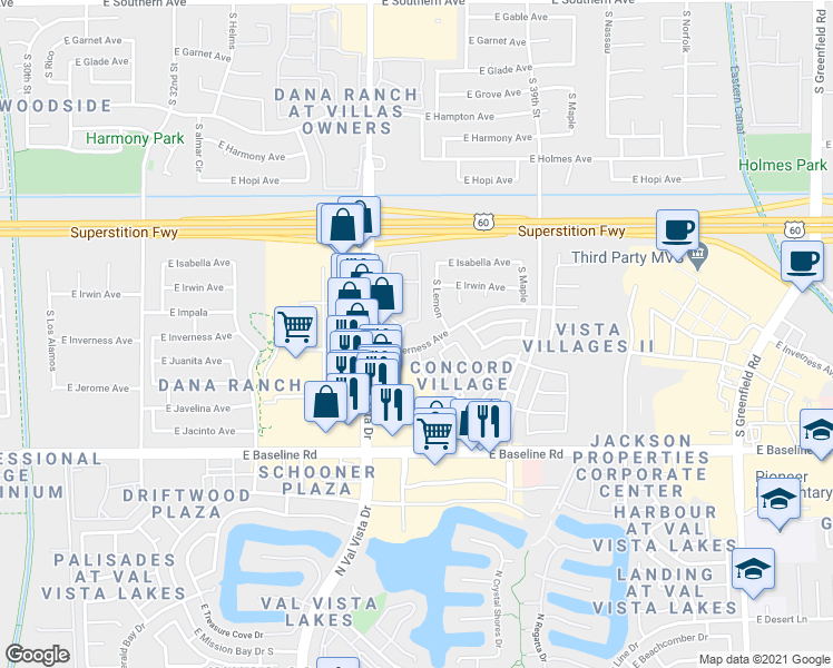 map of restaurants, bars, coffee shops, grocery stores, and more near 3660 E Inverness Ave in Mesa