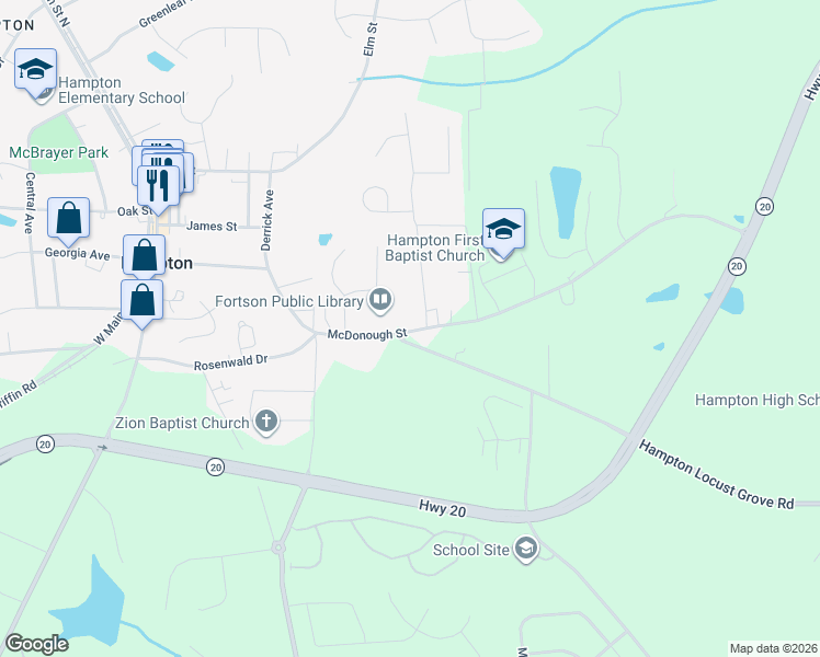 map of restaurants, bars, coffee shops, grocery stores, and more near 69 McDonough Hampton Road in Hampton