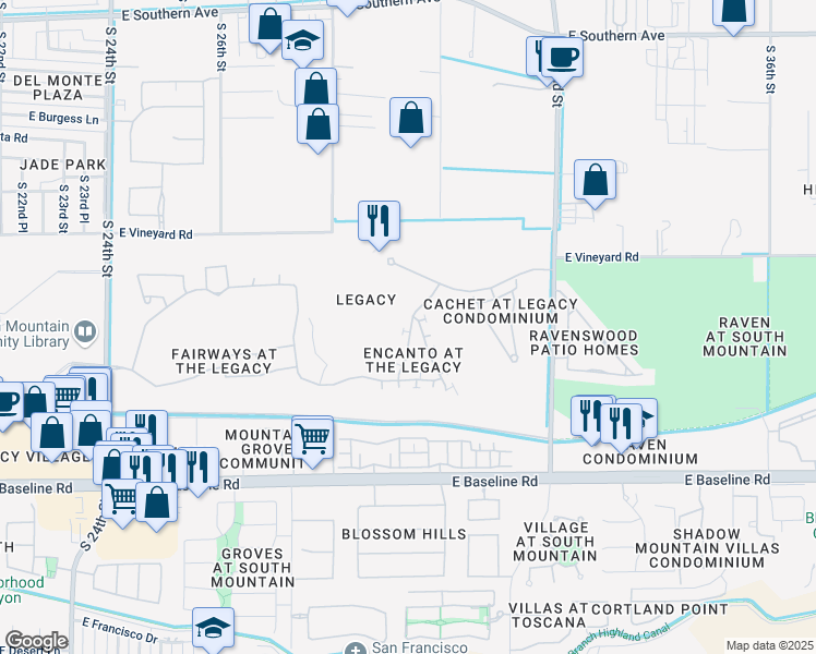 map of restaurants, bars, coffee shops, grocery stores, and more near 7036 South 30th Street in Phoenix