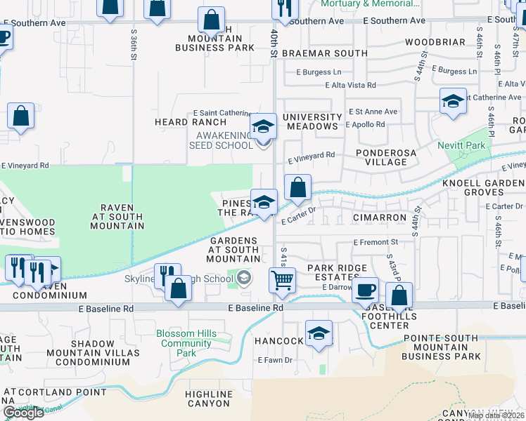 map of restaurants, bars, coffee shops, grocery stores, and more near 7040 South 40th Street in Phoenix