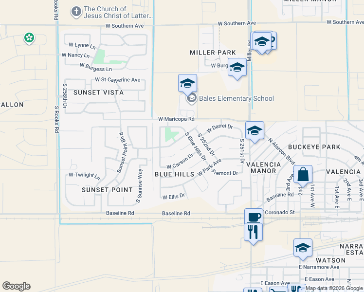 map of restaurants, bars, coffee shops, grocery stores, and more near 25389 West Maldonado Court in Buckeye