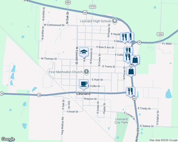 map of restaurants, bars, coffee shops, grocery stores, and more near 201 East Houston Street in Leonard