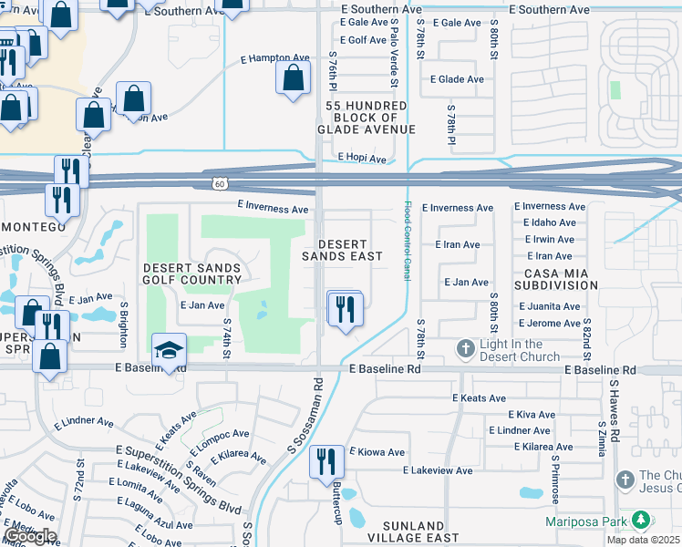 map of restaurants, bars, coffee shops, grocery stores, and more near 7632 East Jan Avenue in Mesa