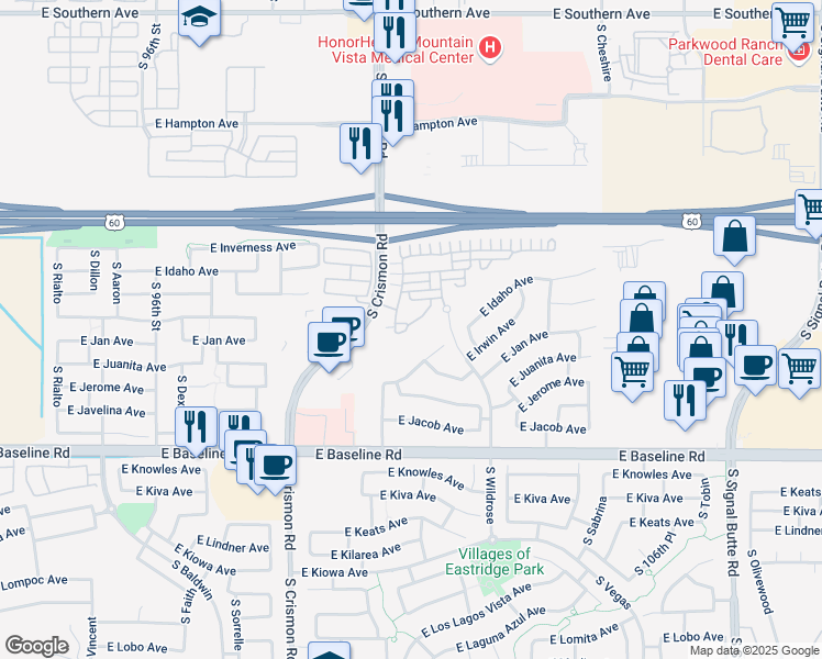 map of restaurants, bars, coffee shops, grocery stores, and more near 10238 East Juanita Circle in Mesa