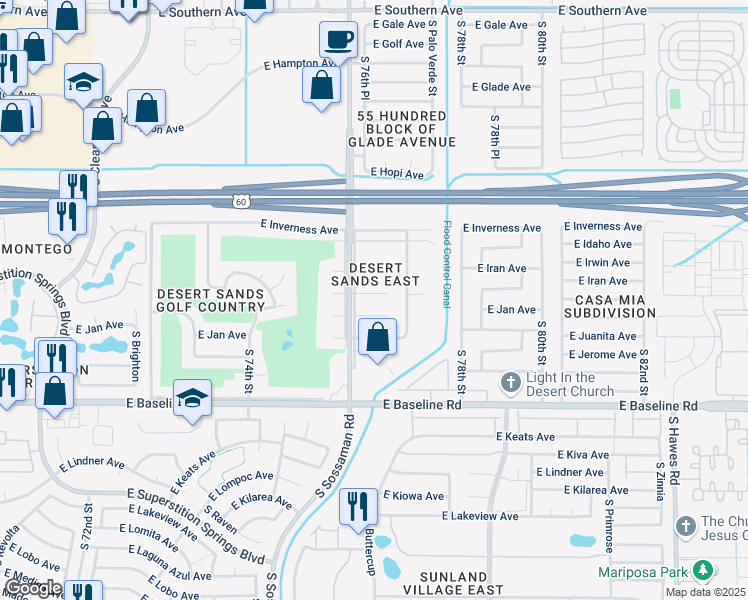 map of restaurants, bars, coffee shops, grocery stores, and more near 7632 East Jan Avenue in Mesa