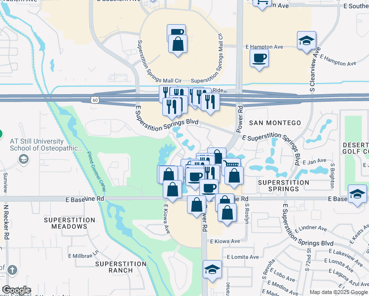 map of restaurants, bars, coffee shops, grocery stores, and more near 6535 East Superstition Springs Boulevard in Mesa