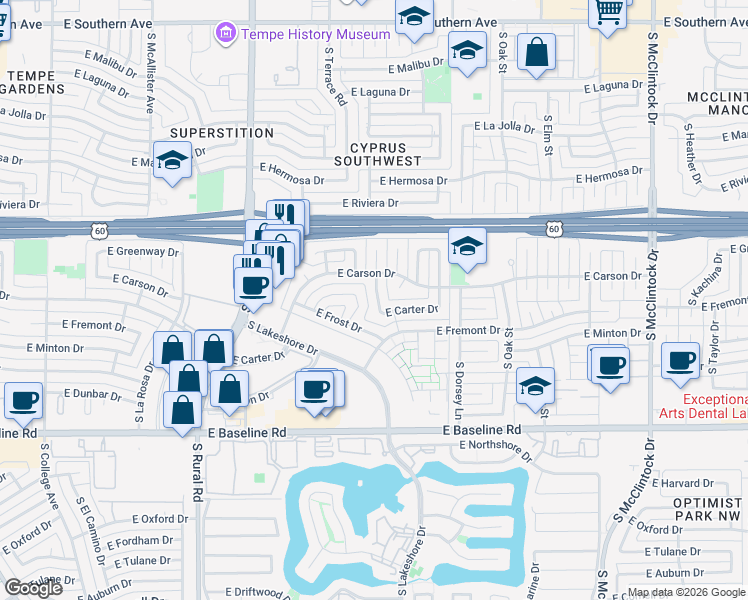 map of restaurants, bars, coffee shops, grocery stores, and more near 4536 South Terrace Road in Tempe