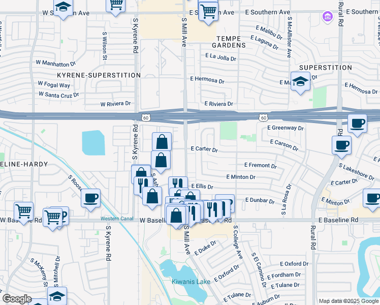 map of restaurants, bars, coffee shops, grocery stores, and more near 4633 South Mill Avenue in Tempe