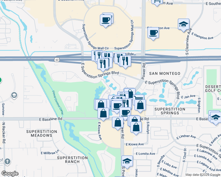 map of restaurants, bars, coffee shops, grocery stores, and more near 6535 East Superstition Springs Boulevard in Mesa
