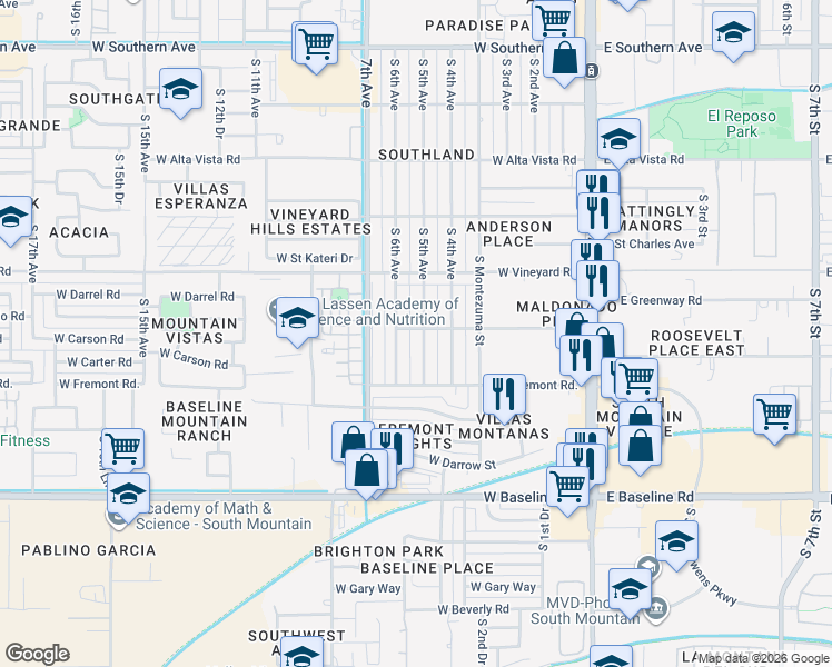 map of restaurants, bars, coffee shops, grocery stores, and more near 7016 South 5th Avenue in Phoenix