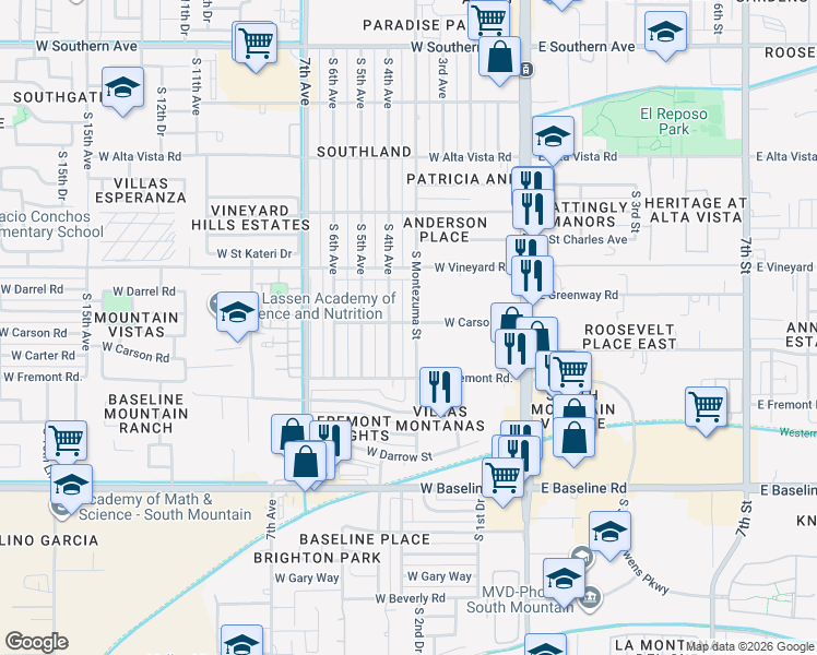 map of restaurants, bars, coffee shops, grocery stores, and more near 331 West Carson Road in Phoenix