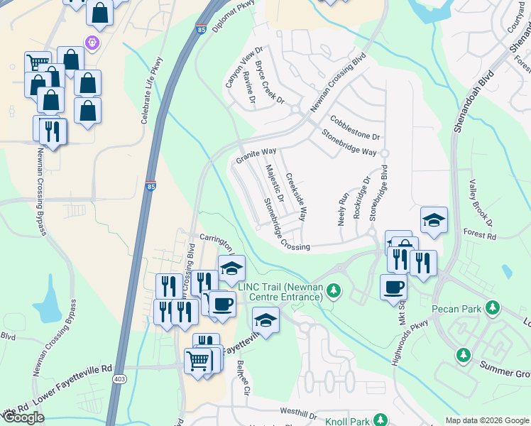 map of restaurants, bars, coffee shops, grocery stores, and more near 115 Stonebridge Crossing in Newnan
