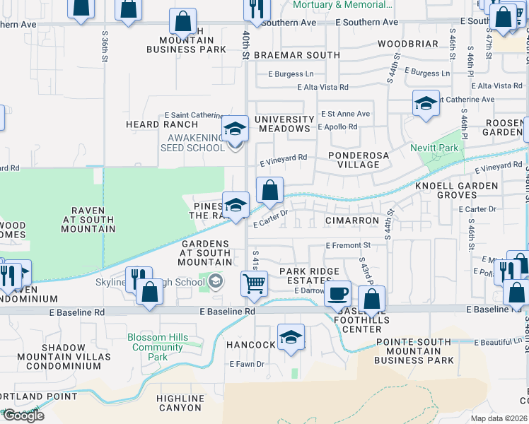 map of restaurants, bars, coffee shops, grocery stores, and more near 7026 South 40th Place in Phoenix
