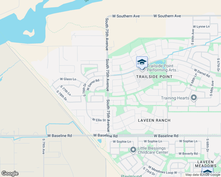 map of restaurants, bars, coffee shops, grocery stores, and more near 6924 South 74th Lane in Phoenix