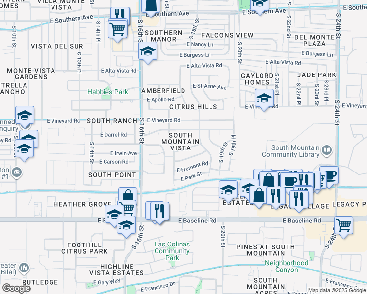 map of restaurants, bars, coffee shops, grocery stores, and more near 1722 East Carson Road in Phoenix