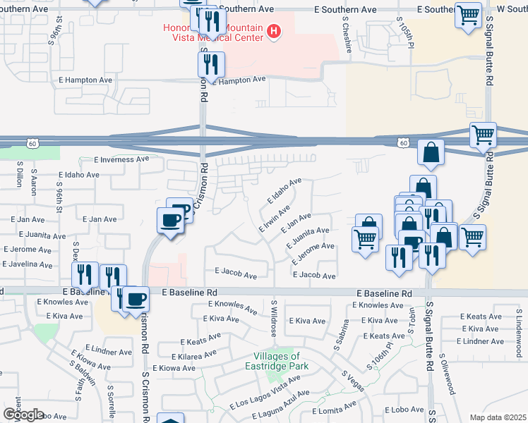 map of restaurants, bars, coffee shops, grocery stores, and more near 10307 East Idaho Avenue in Mesa