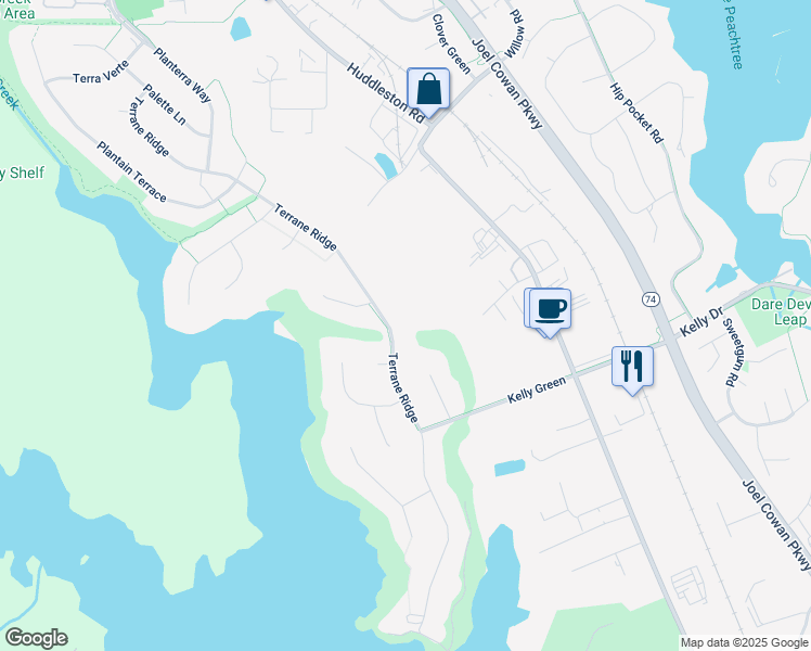 map of restaurants, bars, coffee shops, grocery stores, and more near 200 Terrane Ridge in Peachtree City
