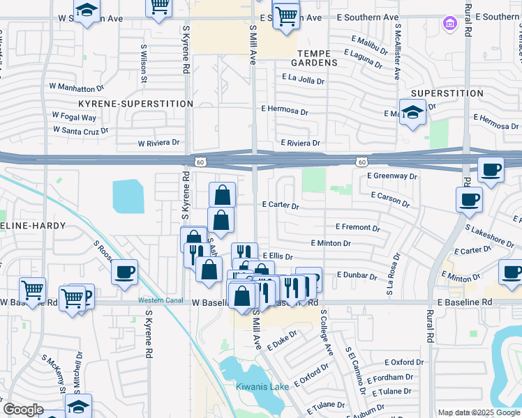 map of restaurants, bars, coffee shops, grocery stores, and more near 4633 South Mill Avenue in Tempe