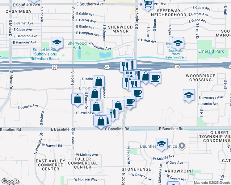 map of restaurants, bars, coffee shops, grocery stores, and more near 1640 South Stapley Drive in Mesa
