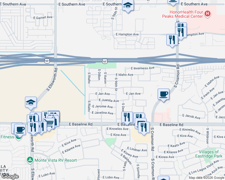map of restaurants, bars, coffee shops, grocery stores, and more near 1817 South 96th Street in Mesa