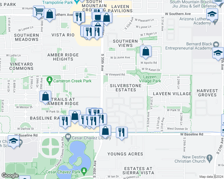 map of restaurants, bars, coffee shops, grocery stores, and more near 3406 West Maldonado Road in Phoenix