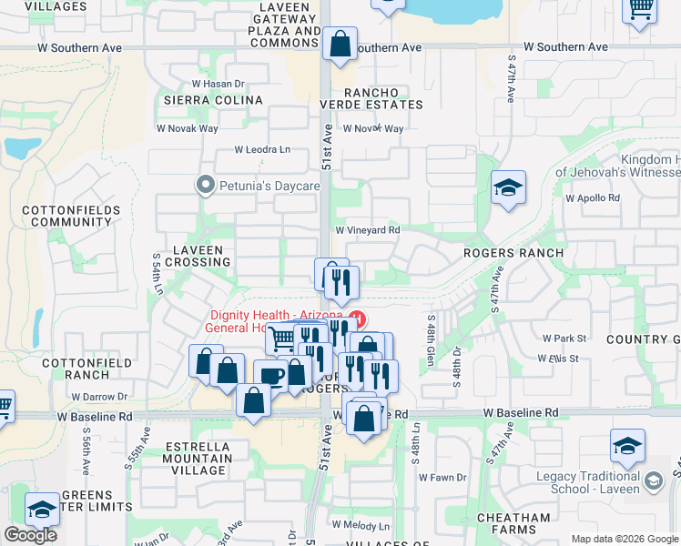 map of restaurants, bars, coffee shops, grocery stores, and more near 6929 South 50th Glen in Phoenix