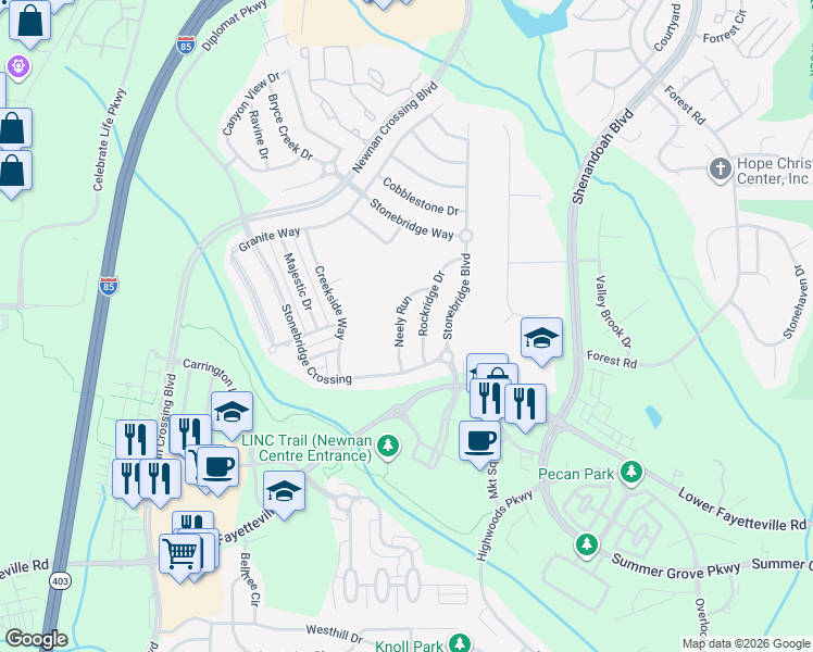 map of restaurants, bars, coffee shops, grocery stores, and more near 15 Rockridge Drive in Newnan