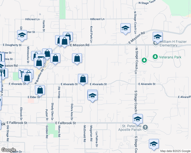 map of restaurants, bars, coffee shops, grocery stores, and more near 1142 Belair Drive in Fallbrook