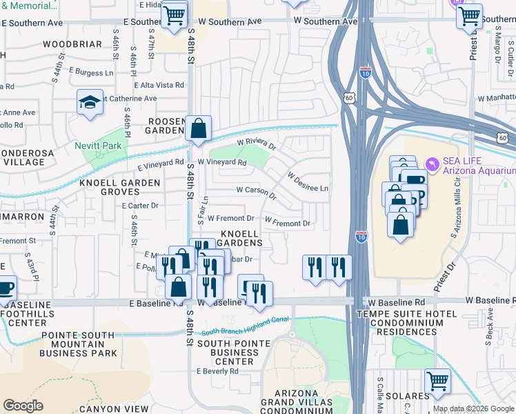 map of restaurants, bars, coffee shops, grocery stores, and more near 2316 West Fremont Drive in Tempe