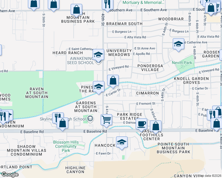 map of restaurants, bars, coffee shops, grocery stores, and more near 7026 South 40th Place in Phoenix