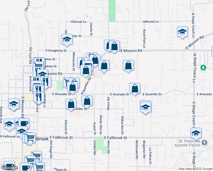 map of restaurants, bars, coffee shops, grocery stores, and more near 818 East Alvarado Street in Fallbrook