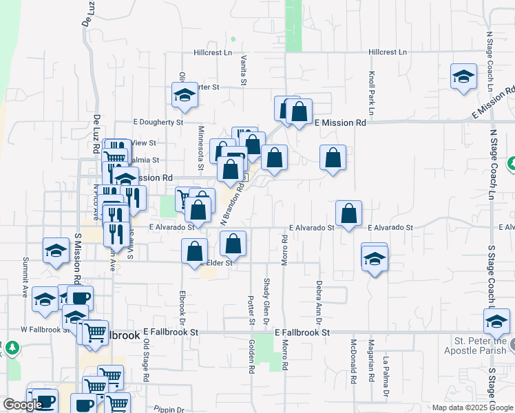 map of restaurants, bars, coffee shops, grocery stores, and more near 112 Lillian Way in Fallbrook